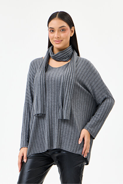 Anthracite Italian Self-Line Patterned Oversize Knitted Blouse with Shawl, Sizes 40 - 46