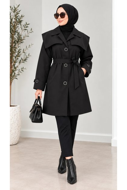 Belted Buttoned Seasonal Trench Coat - Black / M0118