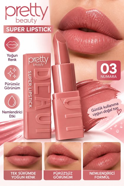 Super Lipstick 03 Numara Yoğun Renk Pürüzsüz Görünüm Nemlendirici Etkili Ruj