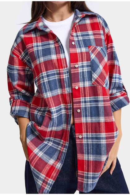 Kadın Laci Kırmızı Ekose w6-76 Oversize Gömlek