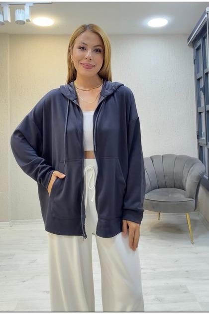 Modal Fermuarlı Oversize Kapşonlu Ceket