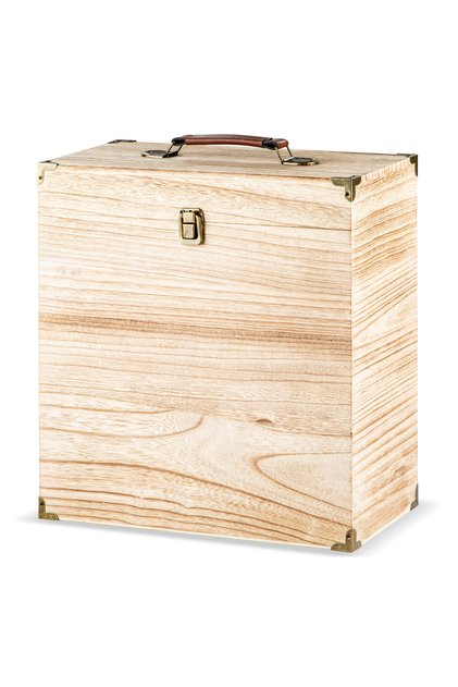 Cutie pentru discuri de vinil EM A007 – organizator și spațiu de depozitare pentru colecție, material lemn de Paulownia și fier placat cu cupru, dimensiuni 36,5 × 33,5 × 17 cm