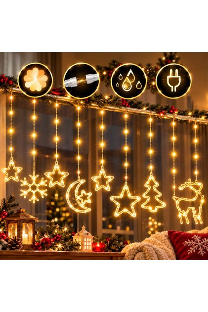 ™️ Instalație luminoasă LED tip perdea de Crăciun, Dimensiuni 3x0.8m, 8 moduri de iluminare, Interconectabil, 5 figurine festive, Decor de iarnă, Cablu transparent, Protecție IP44 pentru interior și exterior, Decora
