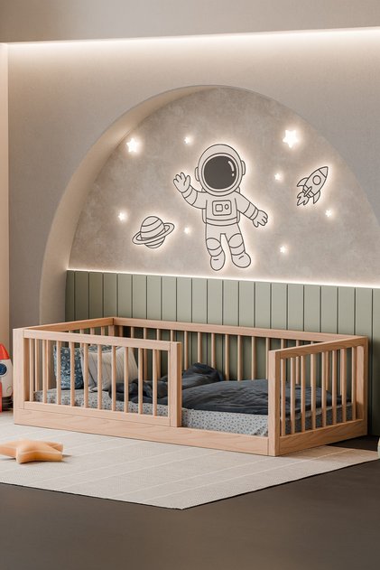 Caribu Premium Montessori Bebek Ve Çocuk Karyolası Unisex Doğal Ahşap Yatak Ayaksız