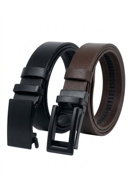 2-Pack Genuine Leather Automatic Buckle Men's Belt with No-Hole Rail