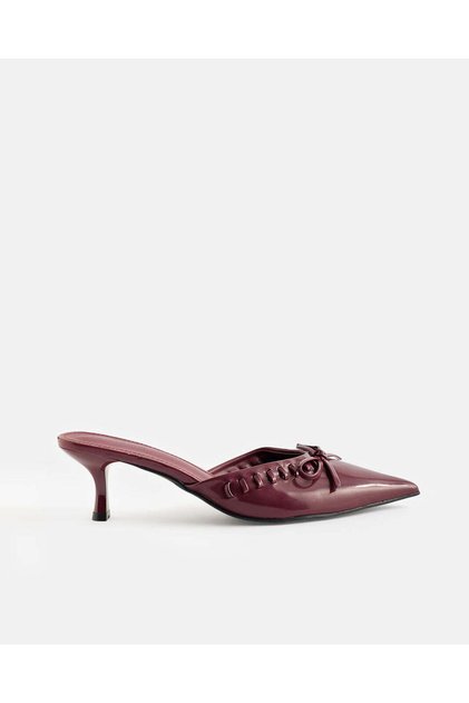 Women Burgundy Bow-Trim Pointed-Toe Mules