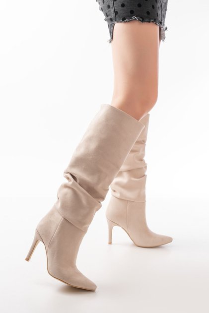 Zri̇nxx-2003 Premium Beige Suede Bellows Thin Heeled Daily Women's Boots 11 cm