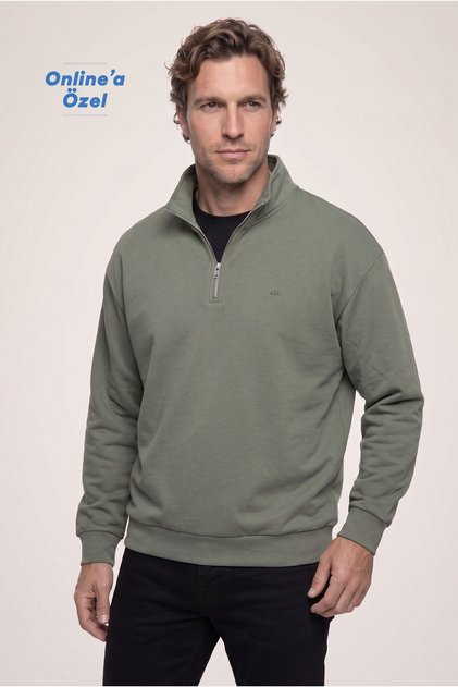 Zippered Half Turtleneck Regular Fit Cotton Warm Basic Sweatshirt