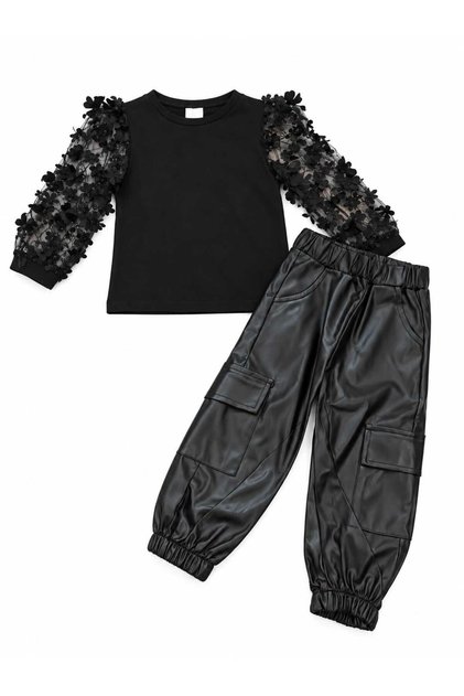 Compleu fete negru 2 piese cu pantaloni efect piele și bluză cu mâneci florale