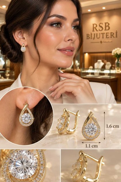 Küpe LUXE Seri Şık Model Taşlı Altın Renk Kaplama + Hediye Paket