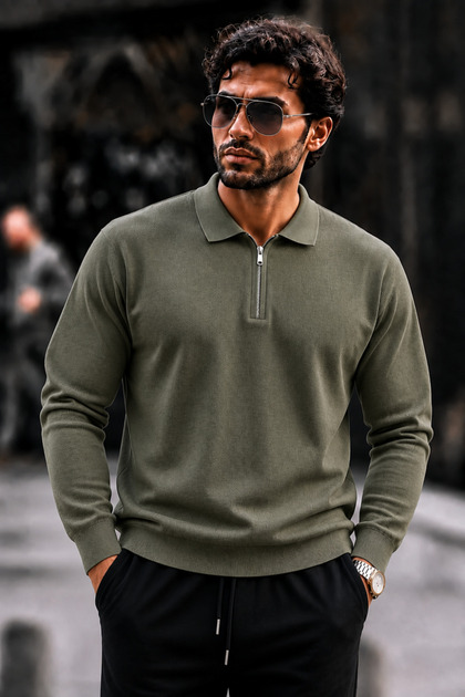 Men's Half-Zip Textured Knitwear Green Sweater