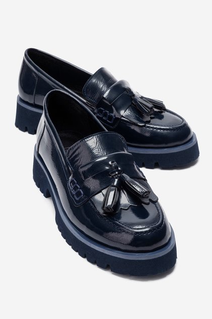 Poen Navy Blue Patent Leather Genuine Leather Tasseled Women's Loafer Shoes