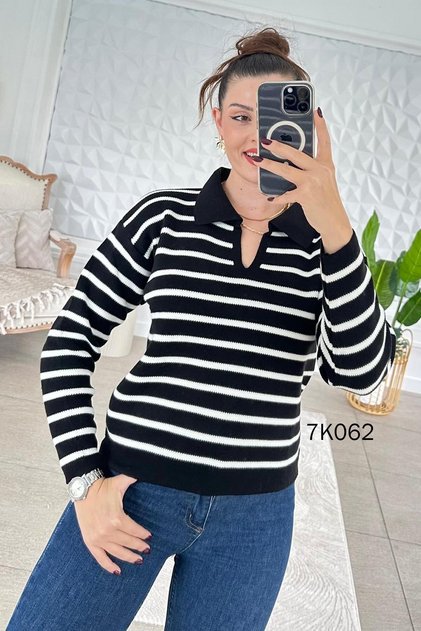 Striped Polo Neck Knitwear Blouse 7K062
