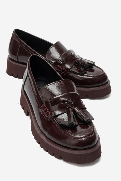 POEN Bordo Rugan Hakiki Deri Püsküllü Kadın Loafer Ayakkabı