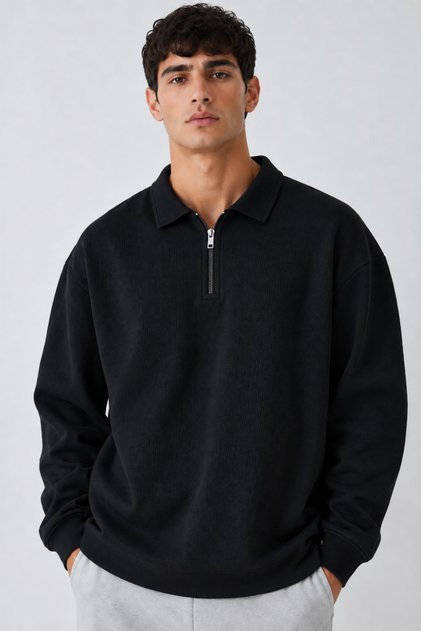 Men's Oversize Ribbed Zipper Collar Black Sweater