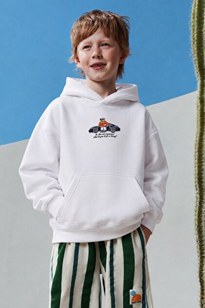 Boy's Oversize Hoodie Car Bear Printed White – Hooded, with Pockets, 3 Thread Fleece