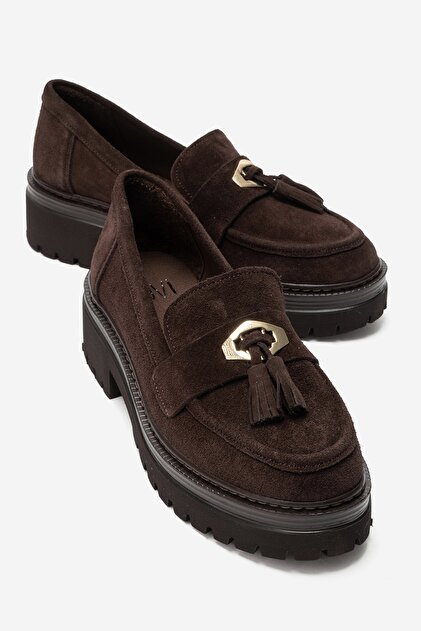 Marsy Brown Suede Genuine Leather Tasseled Women's Loafer Shoes