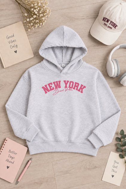 Gray Girls' New York Printed 3 Thread Hooded Sweatshirt 24991