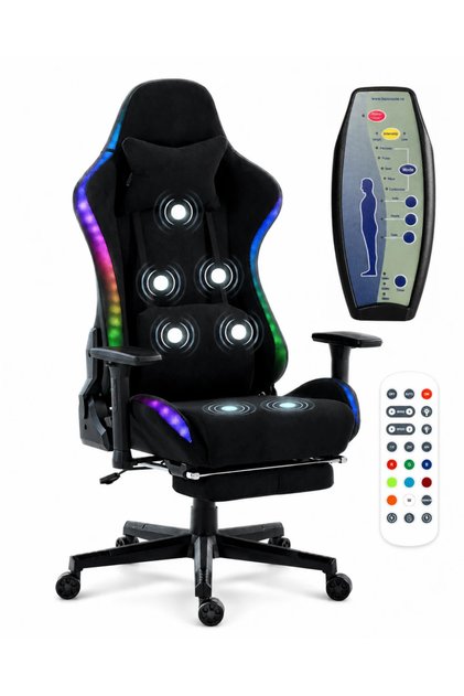 Scaun Gaming cu Masaj 7 Puncte și Încălzire, RGB, Iluminare LED Multicolor, Telecomenzi, Negru