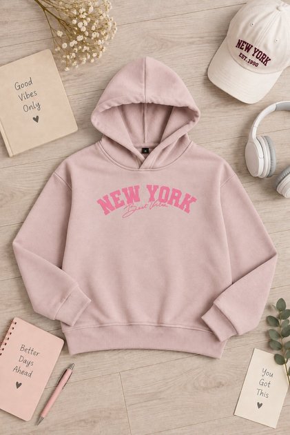 Dusty Rose Girls' New York Printed 3 Thread Hooded Sweatshirt 24993