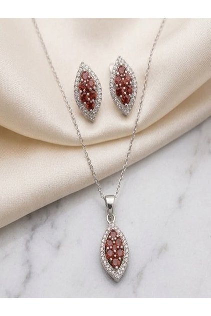 Set Bijuterii Dama din Argint 925, Lănțișor cu Pandantiv și Cercei, Pietre Zirconiu Roșu Cărămiziu și Albe, 6,37g, Lungime 45 cm (Reglabil)