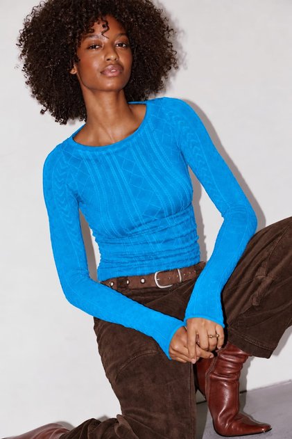 Long Sleeve Jacquard Textured Seamless Modal Saks Blouse