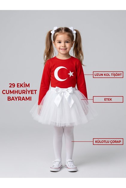 Kız Çocuk KIRMIZI AYYILDIZ UZUN KOL ve BEYAZ TÜTÜ ETEK-KÜLOTLU ÇORAP Takım 29 Ekim Cumhuriyet Bayramı