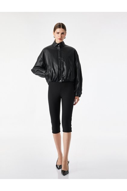 Long Sleeve Pocketed Stand Collar Elastic Waist Cropped Faux Leather Jacket