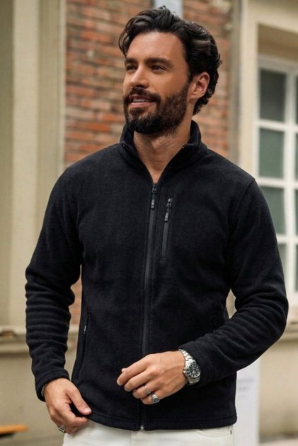 Men's Relax Fit Zippered Textured Black Fleece