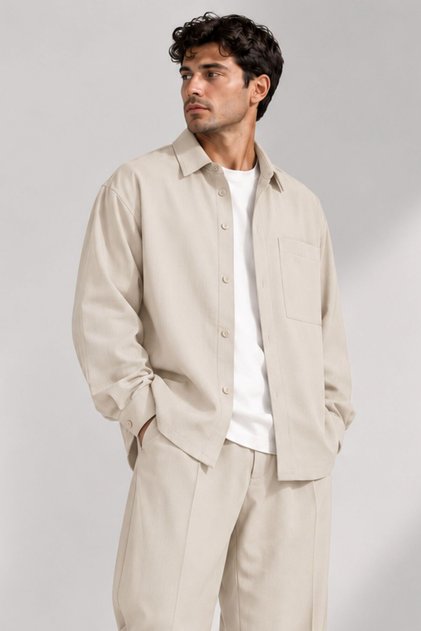 Big Size Men's Oversize Beige Shirt Jacket T-Shirt Top