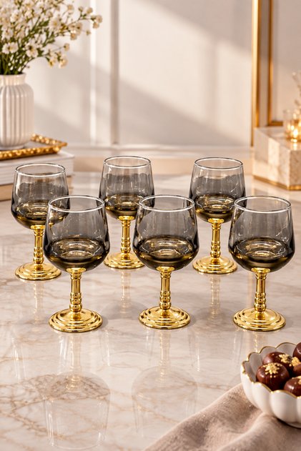 Set of 6 Gold Plated Glass Coffee Cups with Footed Glass, Water Glass, 95ml