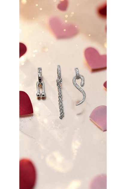 Silver Color Zircon Stone Snake Figured Chain Dangle 3-Piece Steel Earring Set - Does Not Tarnish