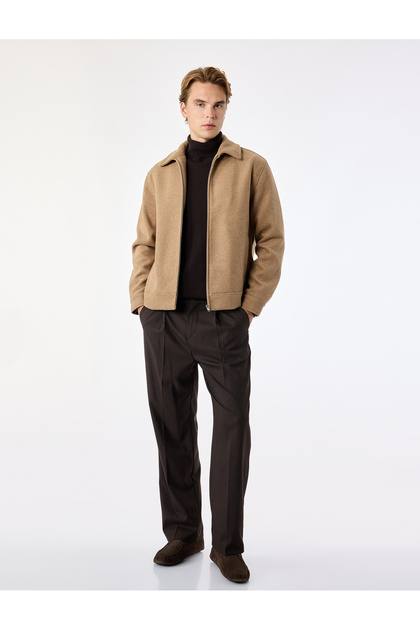 Wool Blend Long Sleeve Pocketed Zippered Shirt Collar Cashmere Jacket