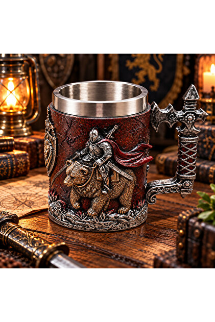 Medieval Knight and Bear Figured 3D Embossed Stainless Steel Decorative Mug Cup with Inner Chamber
