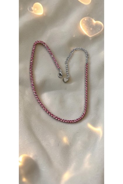Round Cut Thin Pink Zircon Stone Silver Color Waterway Steel Necklace-Tarnish Resistant-43Cm