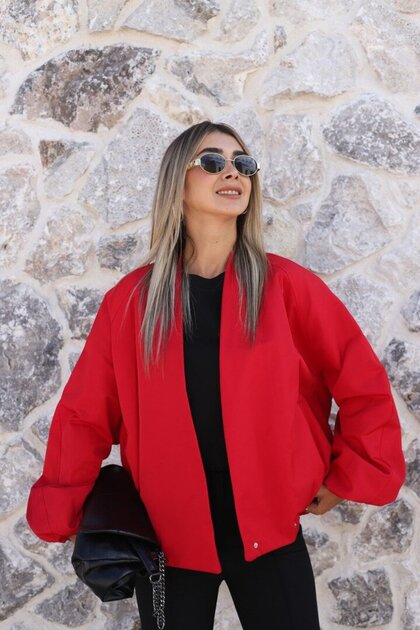 Red Double-Breasted Collar Drawstring Detail Bomber Jacket