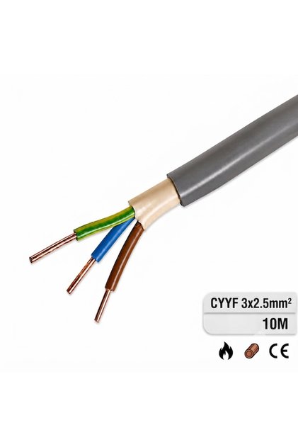 Cablu electric CYYF 3x2.5 mm² 0.6/1 kV, Cupru rigid, Izolatie si manta PVC, Rezistent la propagarea flacarii, Pentru instalatii electrice interioare si exterioare, Rola 10 m, Culoare gri