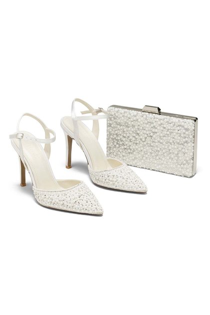 Women's Stoned Bridal Shoes and Bag Set Evening Dress Heeled Shoes Clutch Set
