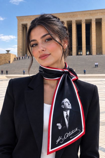 Women's Red and Black Satin Scarf with Atatürk Portrait – Stylish Neck Scarf with Atatürk's Signature