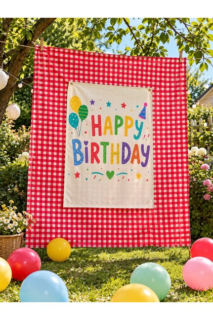 1m x 1 m Kırmızı Pötikareli Kumaş Doğum Günü Pankartı Happy Birthday Banner Parti Arka Plan Süsü