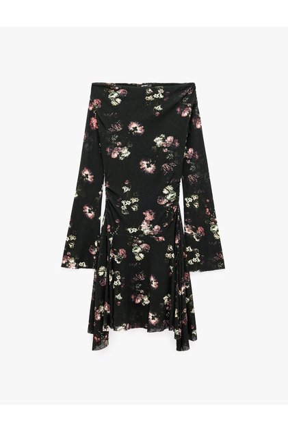 Boat Neck Off the Shoulder Long Sleeve Floral Asymmetrical Cutout Mini Dress