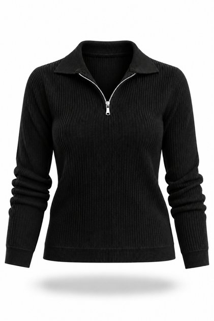 Black Polo Collar Zippered Ribbed Knitwear 5668