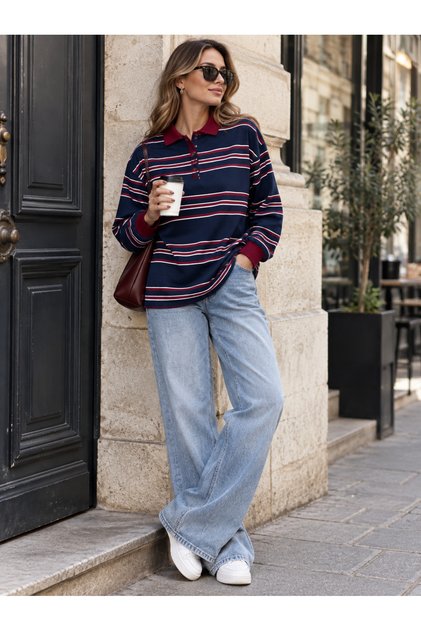 Women's Striped Polo Collar Buttoned Contrast Detailed Loose Long Sleeve Sweatshirt