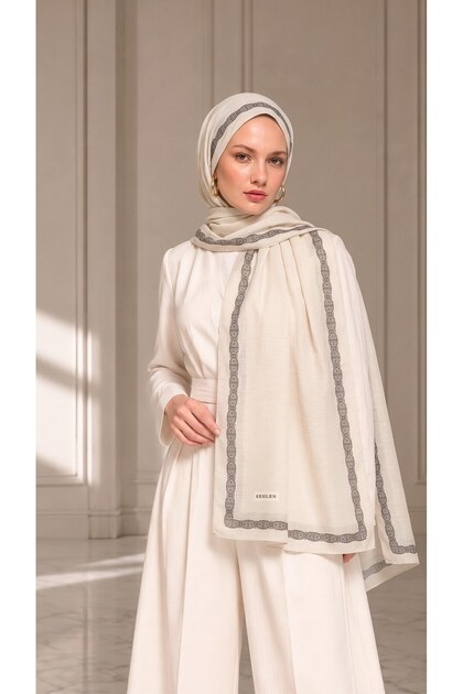 Bordür Desenli Soft Pamuklu Şal - Ekru (013)