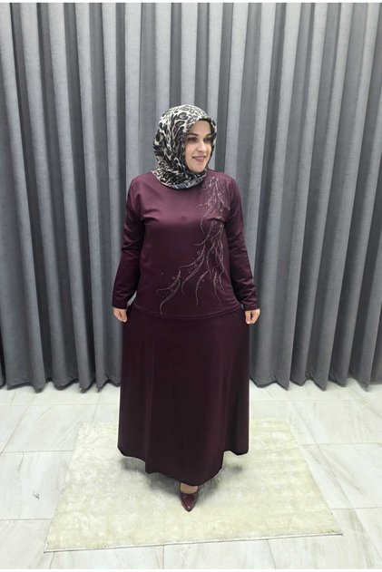 Büyük Beden İnci Etekli İkili Takım Bordo