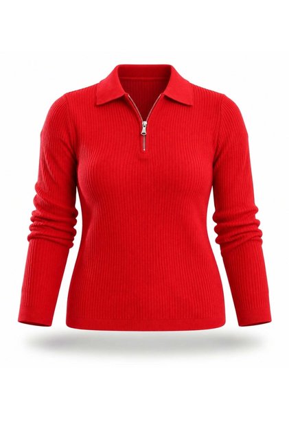 Red Polo Collar Zippered Ribbed Knitwear 5668