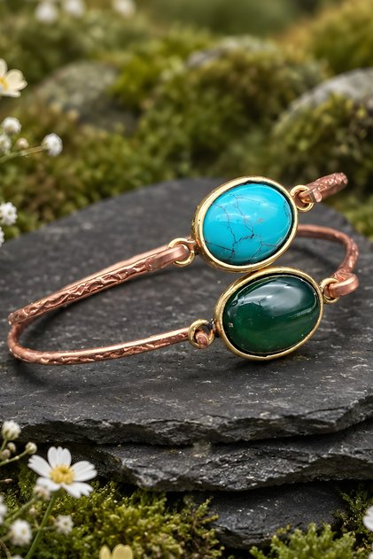Pure Copper Bracelet with Turquoise and Jade Natural Stones, 2 Pieces Bracelet