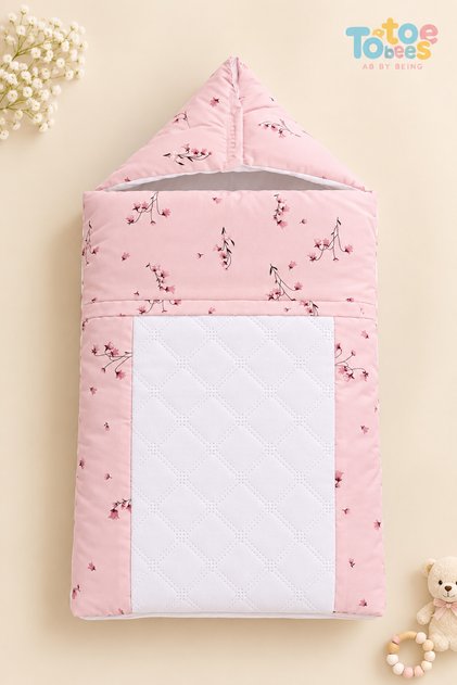 Totobees Luxury Pink Floral & Quilted Hooded Baby Sleeping Bag – Pink Cherry Blossom Newborn Swaddle Carrier & Sleep Sack