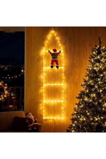 Decoratiune Casa Mos Craciun Catarator Pe Scara, Lumina LED, Conectare La, Model 192 Silvia - Nou
