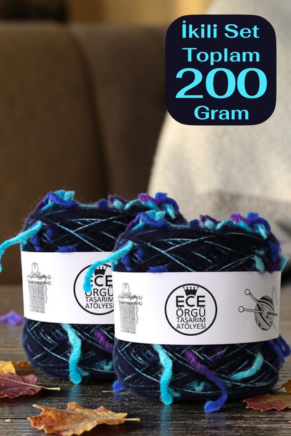 Set pređe za pletenje od mješavine tamnoplave angorske pređe i pređe u plavo-ljubičastom tonu (ukupno 200 grama)
